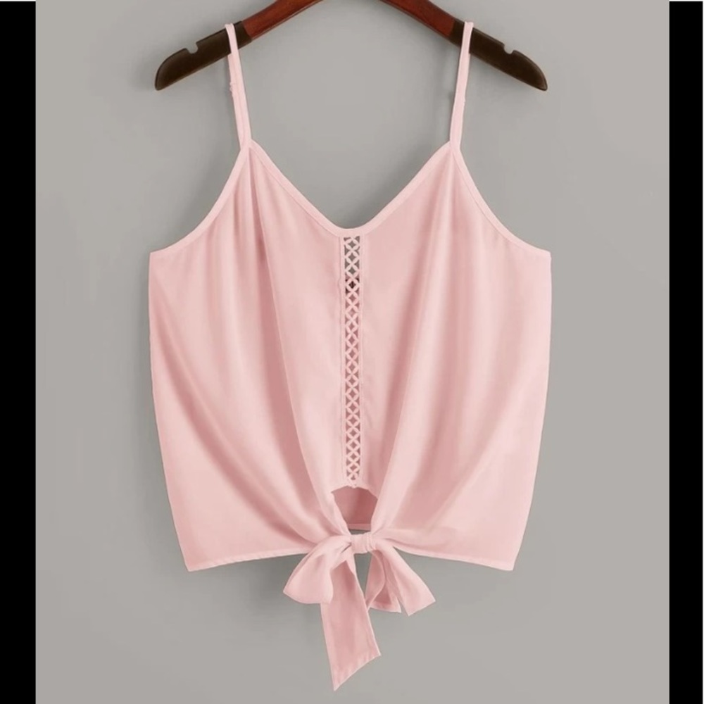 Pink Silky Eyelet Cross Pattern Down The Front W/Tied Front Lace Cami Top